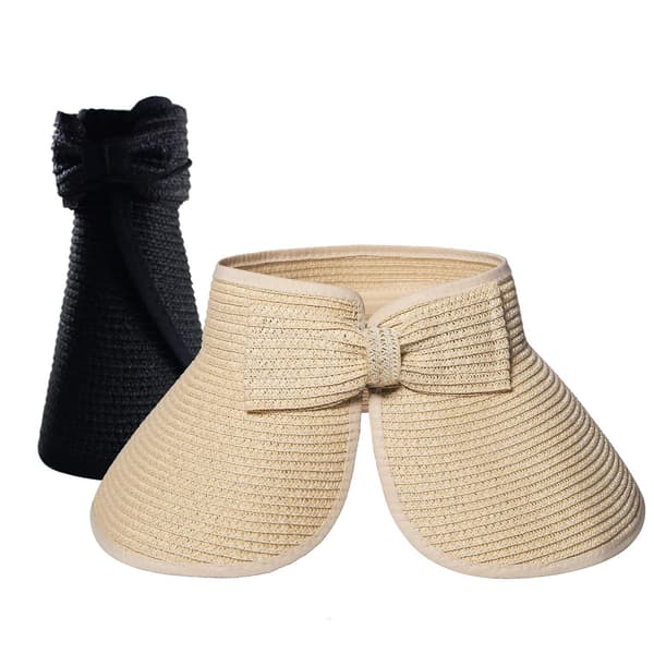 2 stk. Dame Halmhat (beige & sort), Foldbar Solhat Med Hestehalehul, Strandhat Bred Skygge