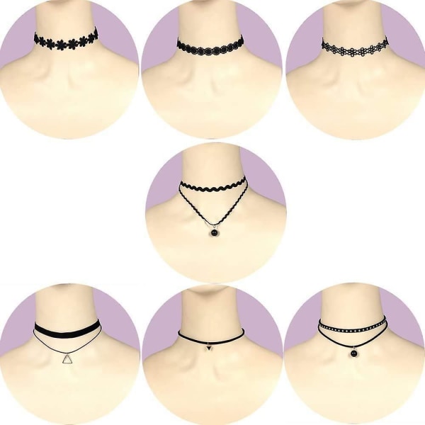 20 stk. svart choker-sett, klassisk choker-halskjede, lagdelt, svart choker-halskjede, gave til kvinner