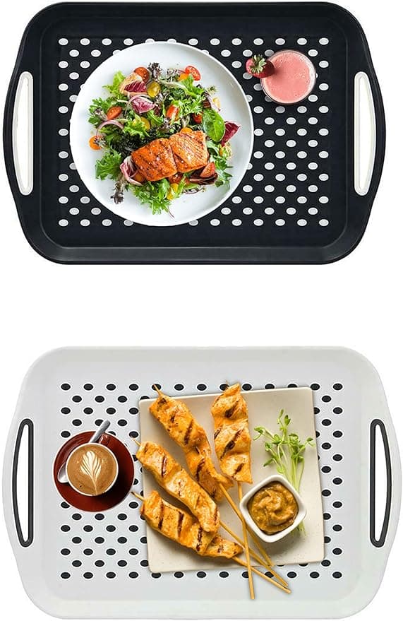 Svart + vit, Set med 2 stora halkfria serveringsbrickor - 32 cm x 45 cm x 4,5 cm - Plastbricka - Matbricka - Tebricka - Middagsbricka