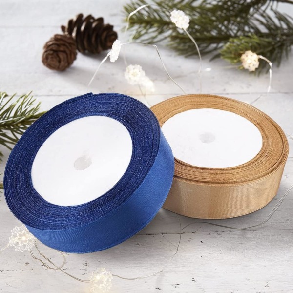 Gift Wrapping Tape, Satin Christmas Adhesive Tape for DIY, 20mm Wide Champagne Gold and Blue Adhesive Tape for Christmas Garlands and Wedding Decorati