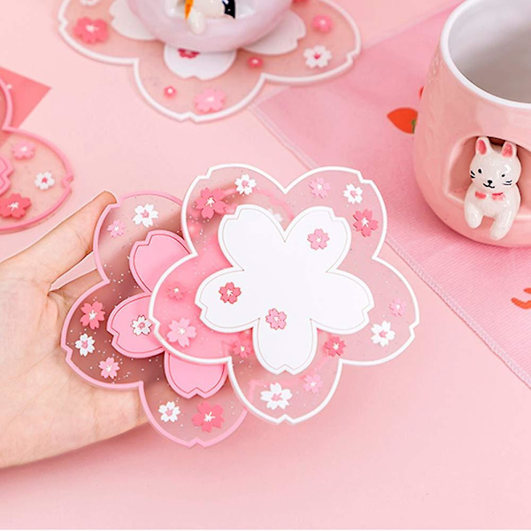 Kaffeunderlag Kawaii Coaster Kop Pvc Hjem Te Krus Coaster Holdbar Anti-skid Pot Skål Pad Placemat Kirsebærblomst Coaster 11.5CM