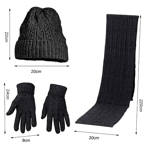 Vintermössa Halsduk Handskar Set För Kvinnor Stickade Mössor Mössa Varm Halsduk Kallt Väder Termiska Handskar Black