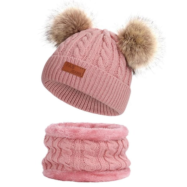 Spädbarn Småbarn Ullmössa Enfärgad Vinter Twist Dubbel Pom Pom Stickad Mössa Dark Pink