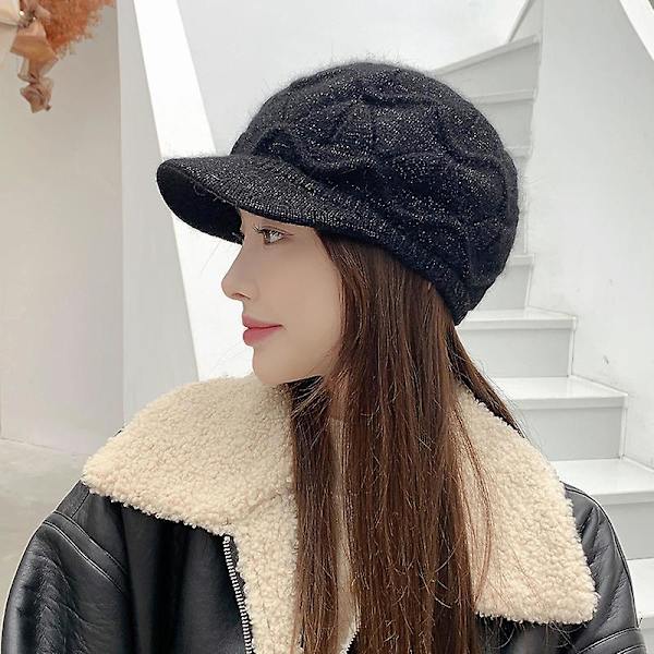 Naisten talvipipo, lämmin neulottu slouchy villahattu lipalla Black