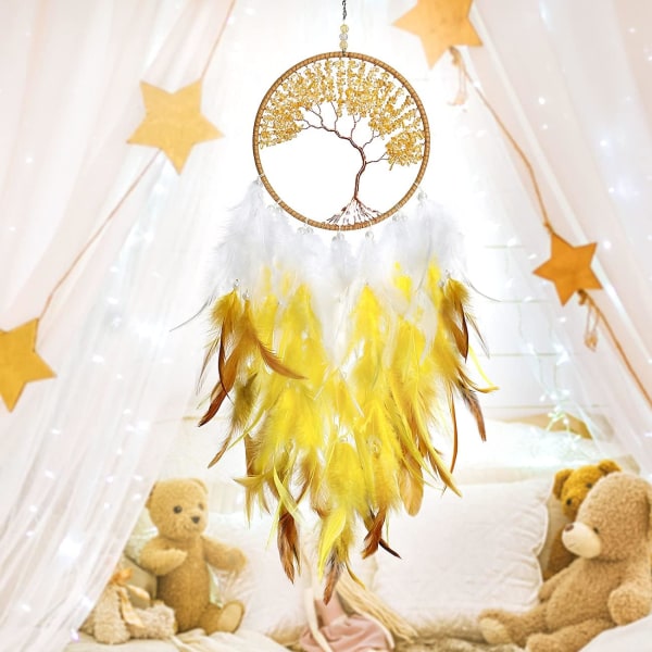 Handmade Crystal Bohemian Tree of Life Dreamcatcher Feather Dreamcatcher Home Decor for Bedroom Wedding Yellow