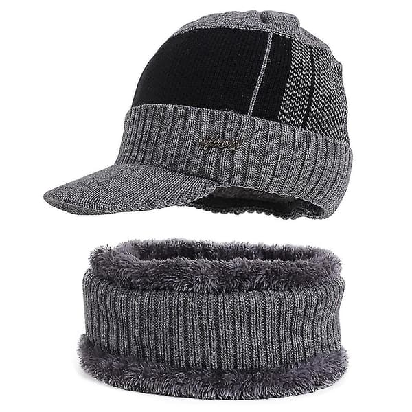 Herr Vinter Varma Visor Mössa Halsduk Set, Fleece Fodrad Utomhus Stickad Mössa