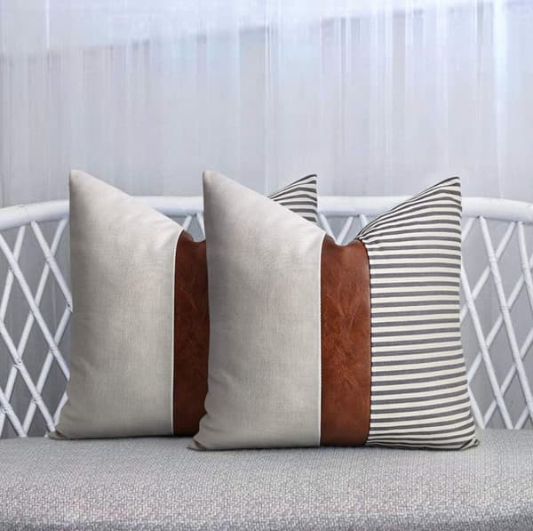 Sæt med 2 Farmhouse Decor Stripe Patchwork Linned Pudebetræk, Moderne Tan Kunstlæder Accent Pudebetræk 18x18 tommer, Grå