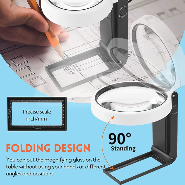 Stor 4,35-tums förstoringsglas 10x 30x med ljus och stativ, handhållen stående LED-upplyst förstoringsglas 110MM