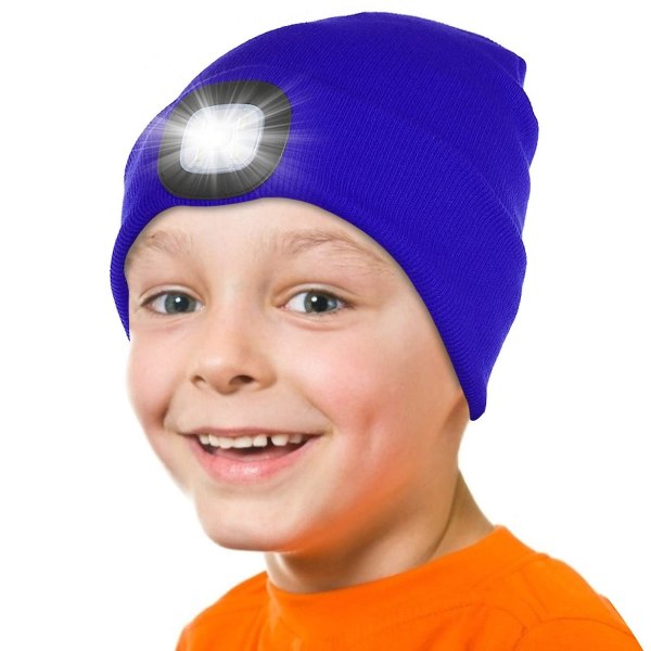 Ledbelyst cap för barn, uppladdningsbar 4 led pannlampshatt, stickad vintermössa med ficklampa för cykling och löpning Blue