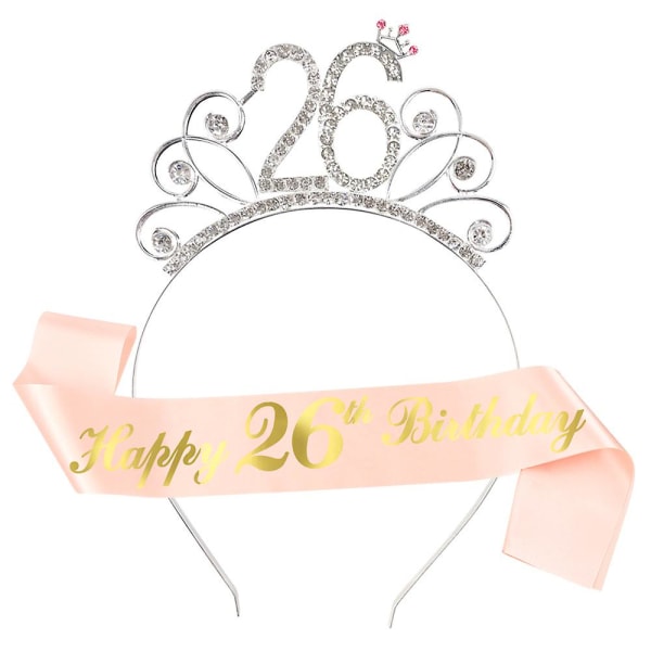 Födelsedag Tiara Och Sash, Glitter Satin Sash, Crystal Crown Tiara och Birthday Girl Badge för flickor kvinnor 26th
