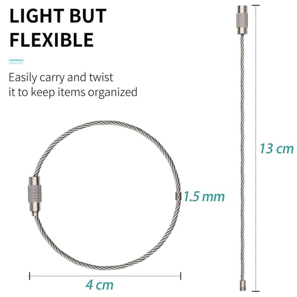 13 cm nøkkelringkabel i rustfritt stål, 20 stk.