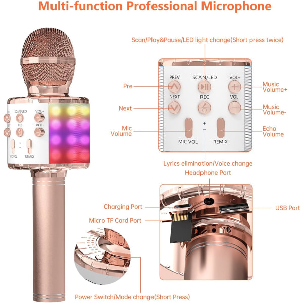 Karaokemikrofon för barn, trådlös Bluetooth mikrofon med LED-ljus, bärbar mikrofonhögtalare, fantastisk leksakspresent för alla åldrar, roséguld