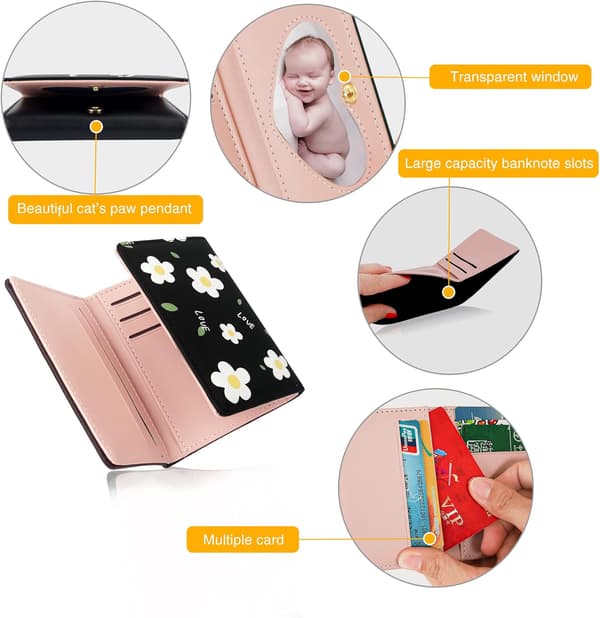 Söt damplånbok, liten läder tri-fold plånbok (med ID-kort)
