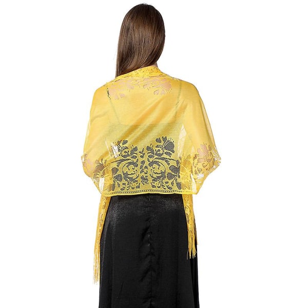 Kvinde Floral Lace Mesh Pashmina Fest Prom Bryllup Sjal Tørklæde Med Frynser Yellow