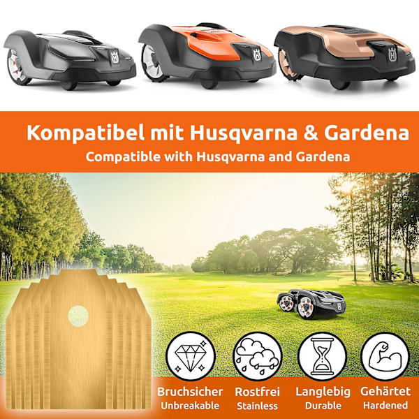 18x Reservblad i titanbelagt rostfritt stål för Husqvarna Gardena Mcculloch Rob Flymo Yardforce Matrix Grizzly Brast