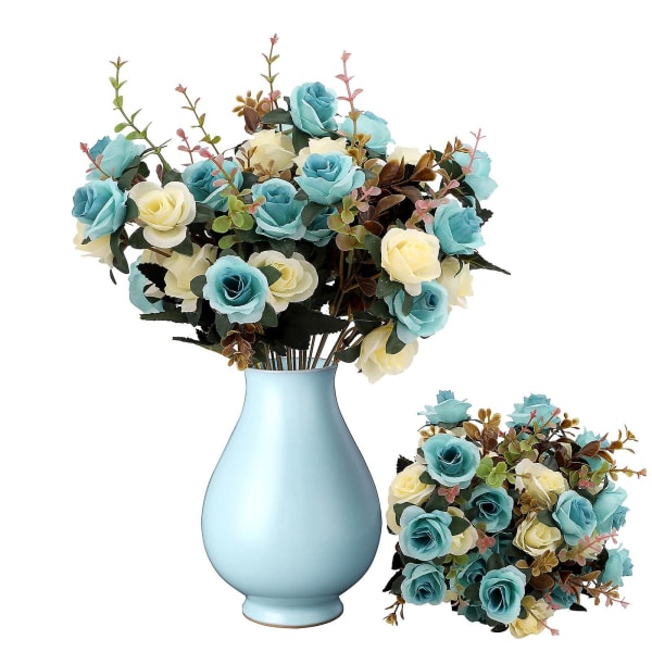 3 Buketter Konstgjorda Blommor Rosor Konstgjorda Blommor Utomhus UV-Resistenta Växter Faux Plastgrönska Buskar Inomhus Utomhus Hängande Kruka För Hemmet Blue
