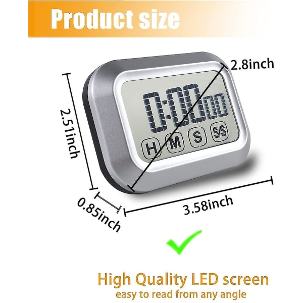 Digital kjøkkenur med berøringsskjerm for matlaging, magnetisk nedtellingstimer, høyt volum, stor LED-skjerm