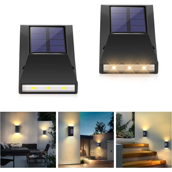 Solcellelamper utendørs hage, 2 stk LED utendørs vegglampe IP65 vanntett opp og ned solcellelamper for porter, gjerder, vegger, hage