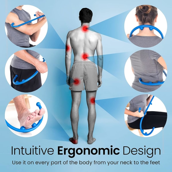 Ryg- og nakkemassager - Blå - til lindring af smerter i triggerpunkter og fibromyalgi samt selvmassageterapi med krogstok