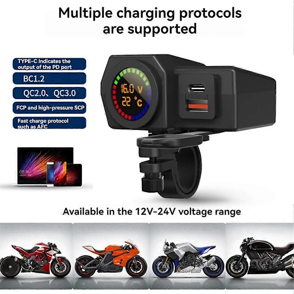 USB Stik Motorcykel Styr & Bakspejl Vandtæt Hurtig Oplader Telefon Strømadapter Digital Voltmeter Termometer