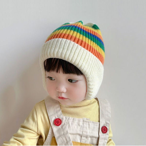 Barnehatter, høst og vinter koreansk stil strikkede hatter, fargerike ullhatter, varme ørebeskyttelseshatter for jenter og gutter, trendy genserhatter