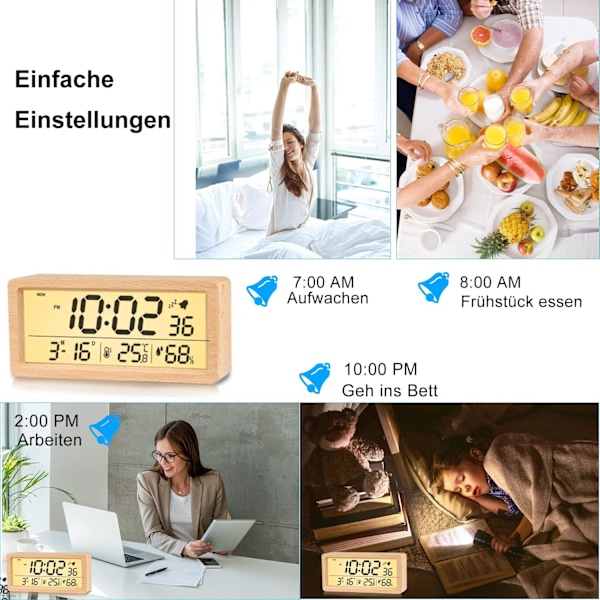 Puinen digitaalinen herätyskello, LED-herätyskello, ei tikittävä digitaalinen kello, päivämäärällä, lämpötilan ja kosteuden näytöllä, torkkutoiminnolla, vaaleanruskea