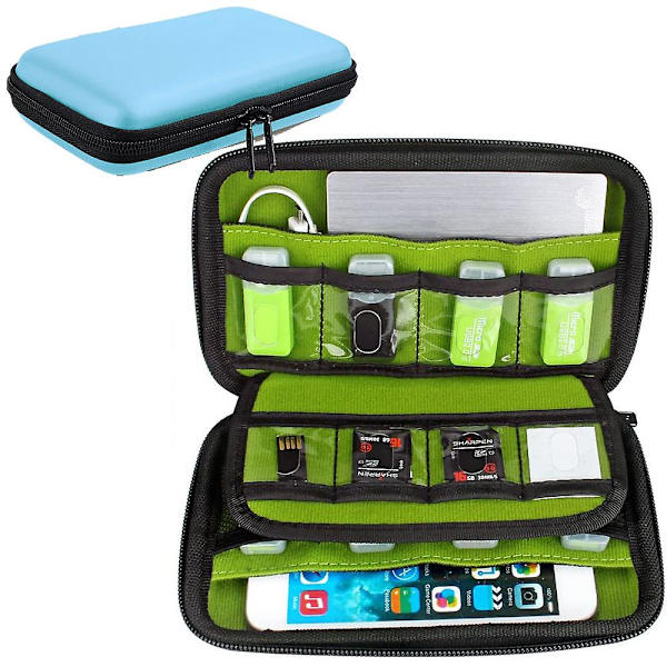 Vattentätt minneskortfodral, speciellt utformat för externa hårddiskar och USB-minnen, perfekt för resor, blå