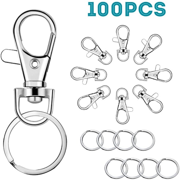 100 stk. roterende nøkkelringer (50 karabinkroker og 50 nøkkelringer), nøkkelringkarabinkroker, nøkkelringer, hummerklospenner, dreibare karabinkroker for DIY-håndb