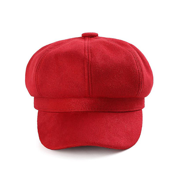 Damehatt åttekantet caps hjortelfløyel åttekantet caps britisk basker høst vinter retro caps Red