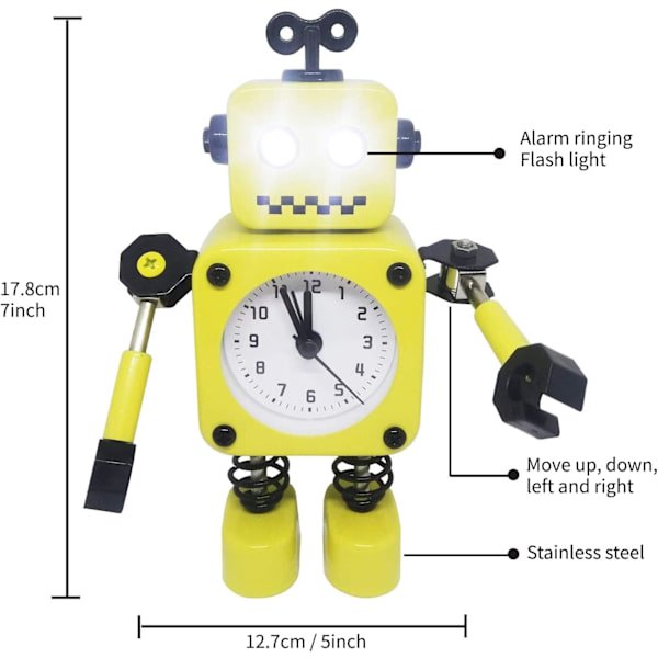 Robotväckarklocka, rostfritt metall tyst väckarklocka med blinkande lysande ögon och roterande arm, present till barn gul