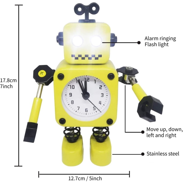Robotvekkerklokke, rustfritt metall stille vekkerklokke med blinkende lysøyne og roterende arm, gave til barn gul