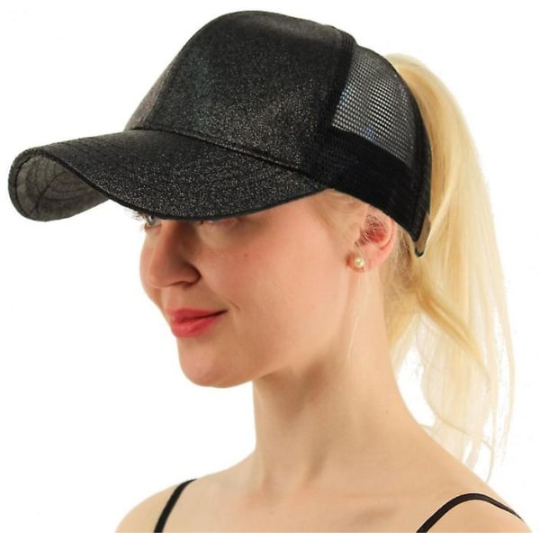 Sports Ponytail Baseball Cap Mesh Justerbar Hat Ponycap For Kvinner Black