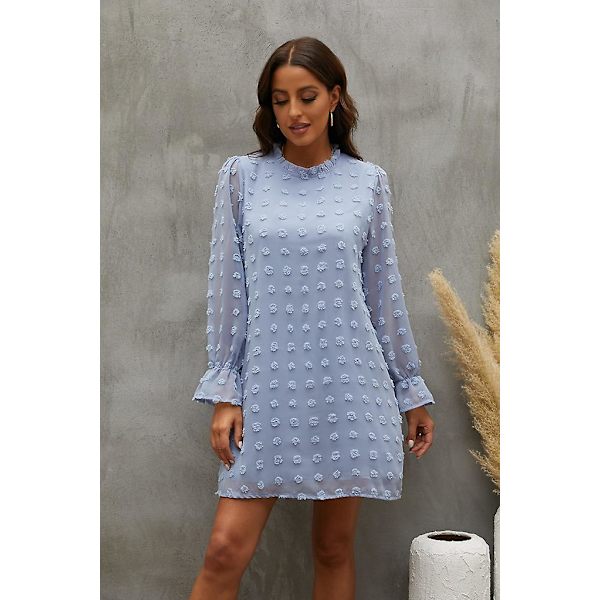 Bubble Langærmet Chiffon Jacquard Bundkjole Light Blue L