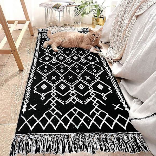 1 kappale Boho kylpyhuoneen matto, Boho matto keittiön juoksija mustavalkoinen kylpyhuoneen matto, pestävä kylpyhuonematto heimomainen maalaistalon hapsut geometrinen marokkolainen 60*130cm