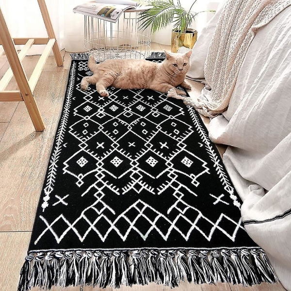 1 stk. Boho badeværelsestæppe, Boho tæppe køkkenløber sort og hvid badeværelsestæppe, vaskbart badeværelsesmåtte tribal landlig frynser geometrisk marokkansk 60*130cm