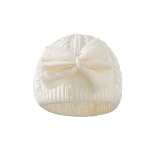 Children's warm knitted hat solid colour round top bow woolen hat white