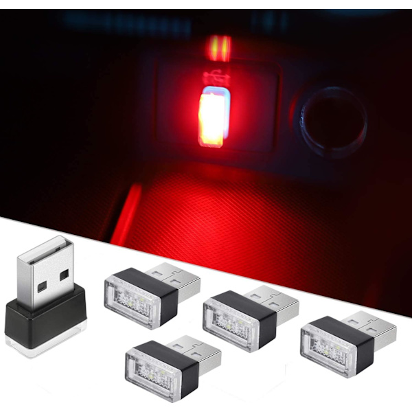 5 kpl punaista auton LED-tunnelmavaloa, pistolivalot 5V Mini sisätilojen tunnelmavalaistussarja autoille, kannettaville tietokoneille, USB-pistorasioille