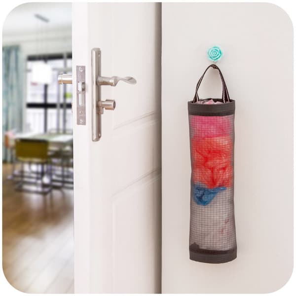 2 stk. grå plastposeholder hengende oppbevaringsdispensere pustende mesh resirkulering handlepose