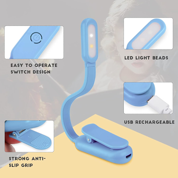 Lukuvalaisin, lukulamppu, USB-ladattava, 3 silmäsuojaustilaa (valkoinen/lämmin valkoinen), 360° joustava kaula, silmäystävällinen lukulamppu