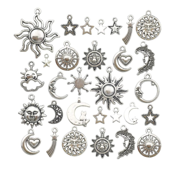 70 st Hantverkstillbehör Blandade Antik Silver Sun Moon Stars Berlocker Berlocker för att tillverka, smyckesfyndstillbehör