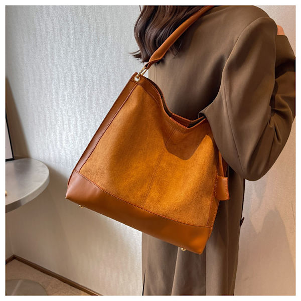 Storväska, trendig axelväska, frostad crossbody-väska, pendlarväska, texturerad Tote-hinkväska, brun