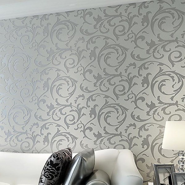 Europeisk stil Luksus Damask Ikke-vevd 3d tapet Enkelt preget veggrullpapir Vertikal soveromsdekorasjon Silver gray