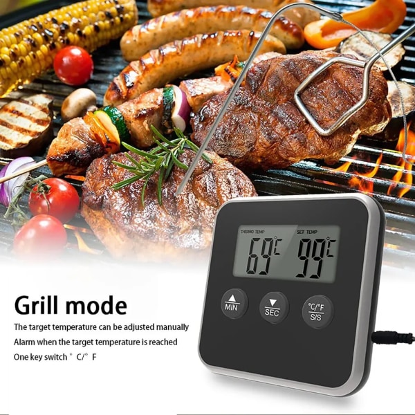 Elektronisk digital LCD mattermometer Sond BBQ Kött Tillagningstemperatur Tillagningstemperatur Kökslarm Tillagningstimer, svart