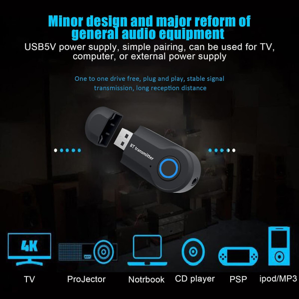 3,5 mm Bluetooth-sender, trådløs bærbar stereosender, sammenkoblet med Bluetooth-mottaker, usb-drevet