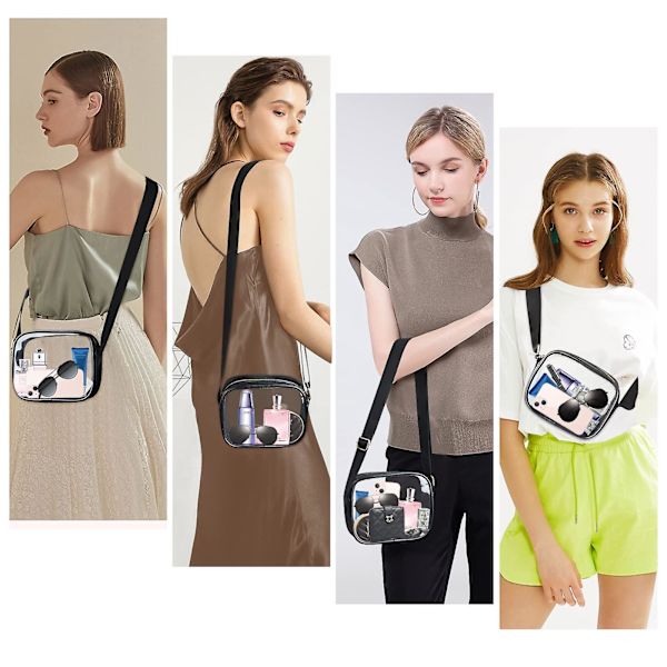Kirkas laukku stadionille hyväksytty, Momsiv nahkainen läpinäkyvä crossbody-laukku säädettävällä hihnalla Kirkas stadionlaukku konsertteihin ja urheiluun Black