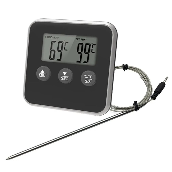 Elektronisk digital LCD mattermometersonde BBQ Kjøtttilberedning Temperatur Steketemperatur Kjøkken Alarm Koketimer, svart