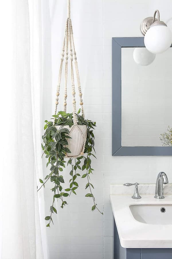 Macrame växt hängare inomhus utomhus hängande planter korg bomullsrep med pärlor, Elfenben