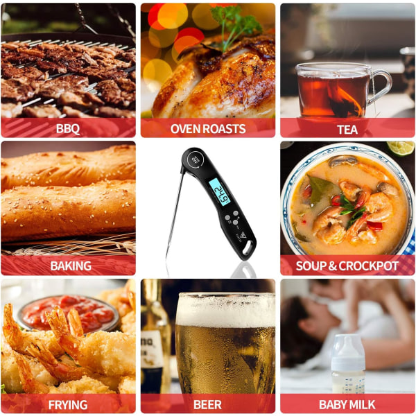 Kötttermometer, 3s snabbavläsande matlagnings termometer, kötttermometer, med bakgrundsbelyst LCD-display, hopfällbar sond för matlagning svart