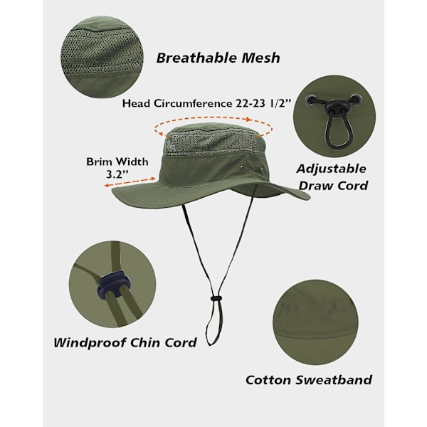 Unisex bredbrättad hatt, Upf 50+ vattentätt solskydd, sommar UV-skydd Boonie hatt Army Green
