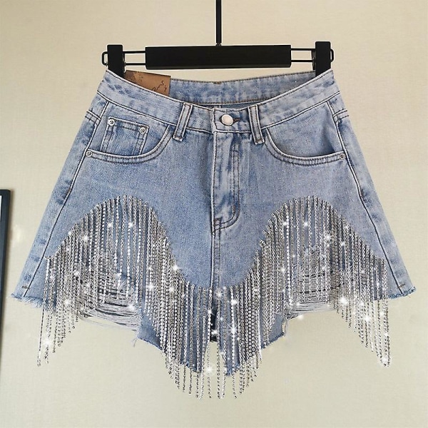 Sommer Ripped Jeans Short Femme Højtaljede Diamant Kvast Y2k Casual Bukser Til Damer Denim Shorts Dame Tøj Mode Size Info